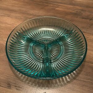 Turquoise Aqua Kig Indonesia Glass Vintage Divided Plate Dish Round 3 Sectioned